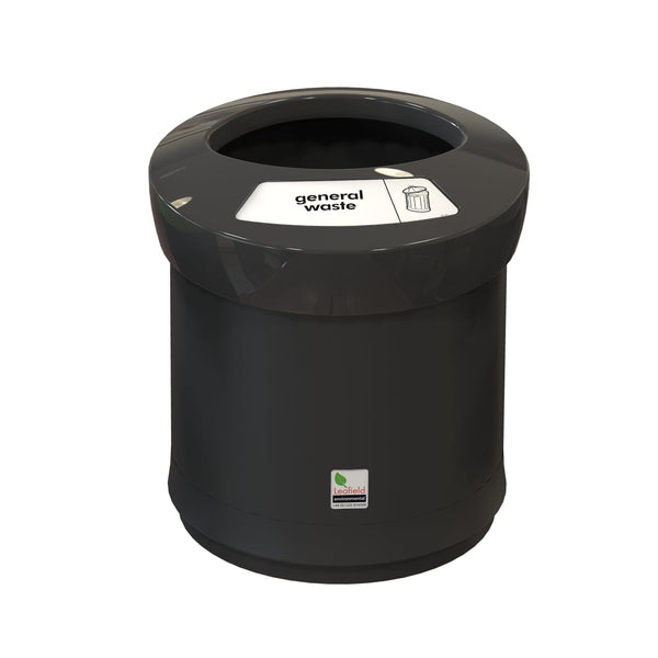 Black round recycling bin with black general waste open apertyre, label to the lid saying general waste with white background