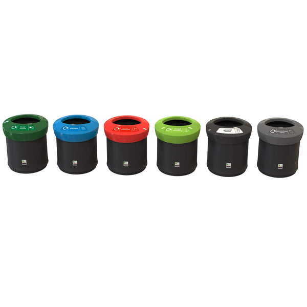Group shot of 6 41 litre ace bins, all with black bodies and either dark green, blue, red, lime, black or grey lid