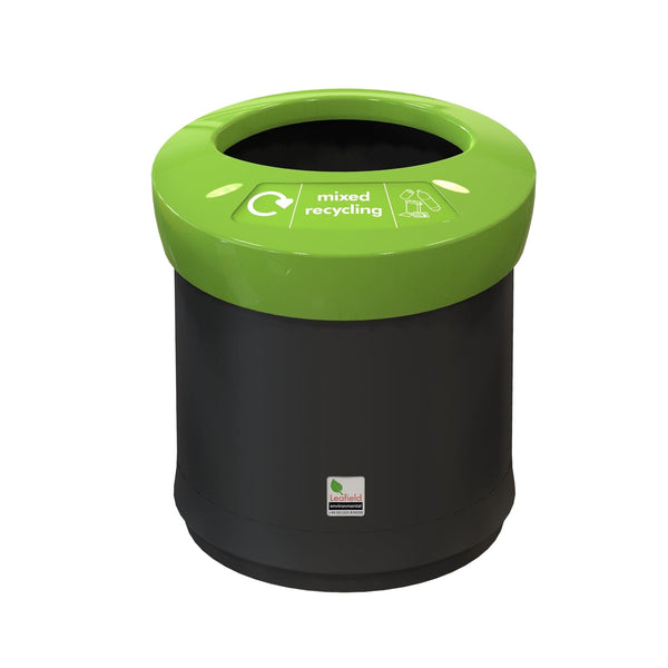 41 Litre Acebin with black body and lime green lid, complete with mixed recycling iconography