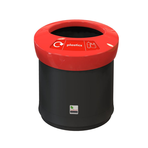 Red internal plastic recycling bin with black body and red lid with open aperture