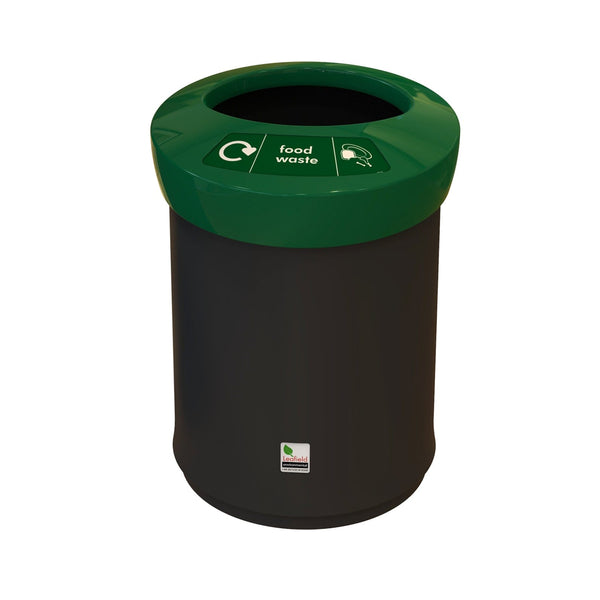 52 Litre round recycling bin with black body and dark green food waste lid, large open aperture for 360° disposal