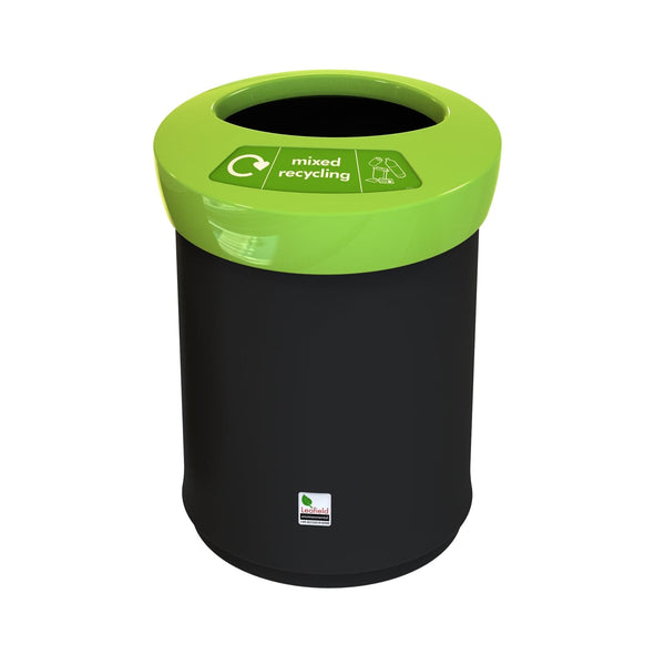 Lime green mixed recycling lid with large opening for waste disposal, finished off with a black body