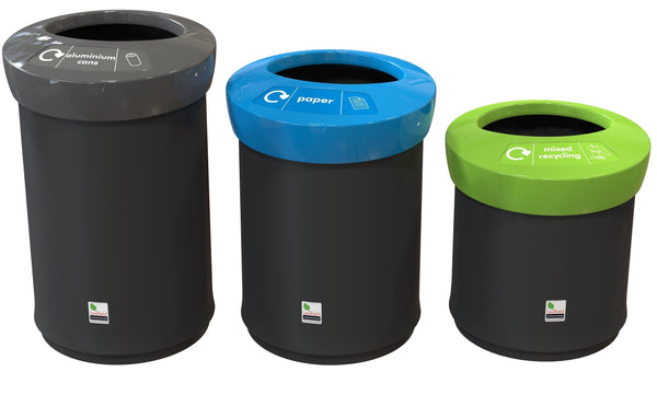 Round recycling bins with colour coded tops, showing 3 sizes available, bins have black bodies and either grey, blue or lime lid