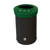 Circular open top recycling bin, with black body and removable dark green lid, complete with food waste iconography