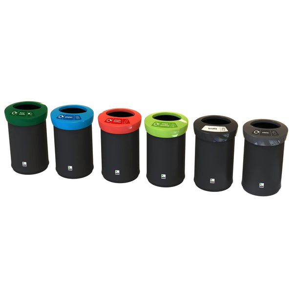 Set of 6 62 litre acebins, all with black bodies with lid colours dark green, blue, red, lime green, black and grey