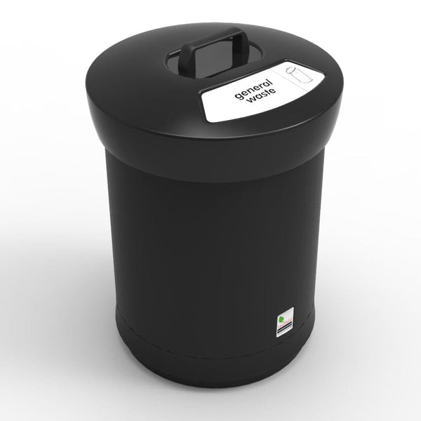 52 Litre Acebin with black body and black handled lid, complete with white general waste lable to the lid