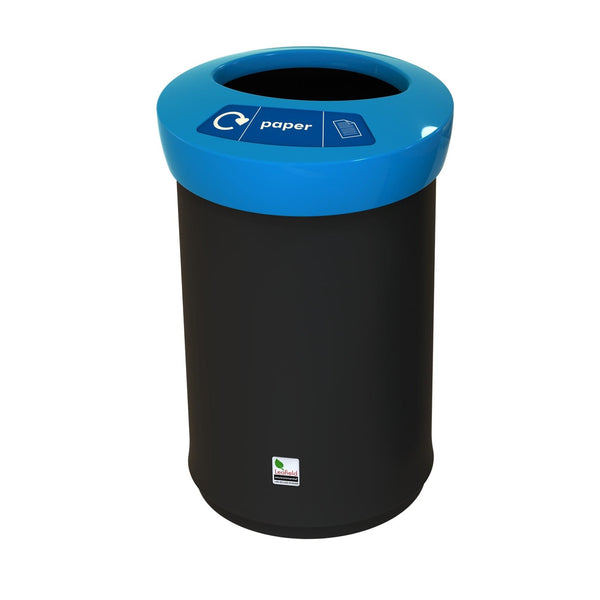 Large 62 litre recyling bin for paper recycling.  Round removable blue lid with paper label on top of a black body
