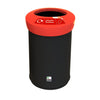 62 litre plastic recycling bin, round removable red lid with large throwaway opening and black body