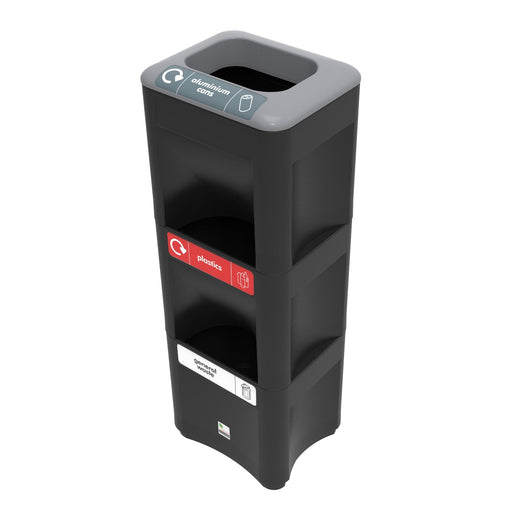 Black three-tiered trash bin with recycling stickers, with the top bin displaying a grey lid.