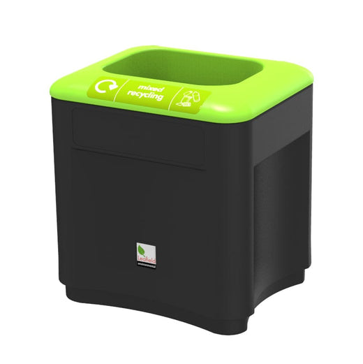 A single compartment black bin with a recycling sticker and a lid in green color.