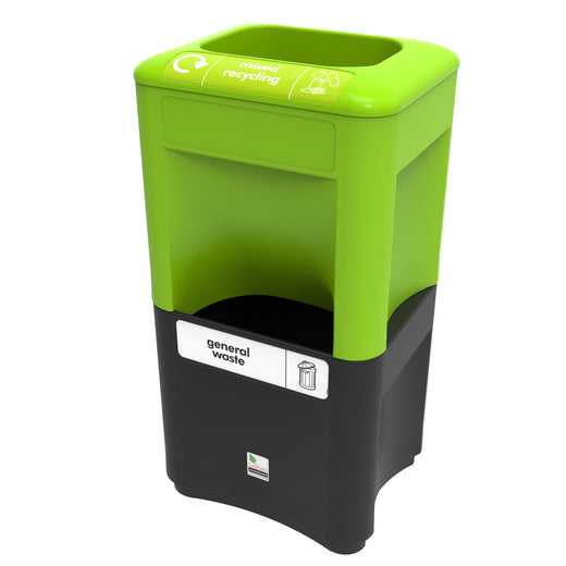 A stacked green and grey two-tier trash bin with  recycling stickers.