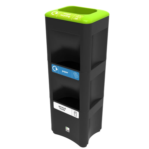 3-layer trash bin with black body and recycling stickers, topped with a light green lid.