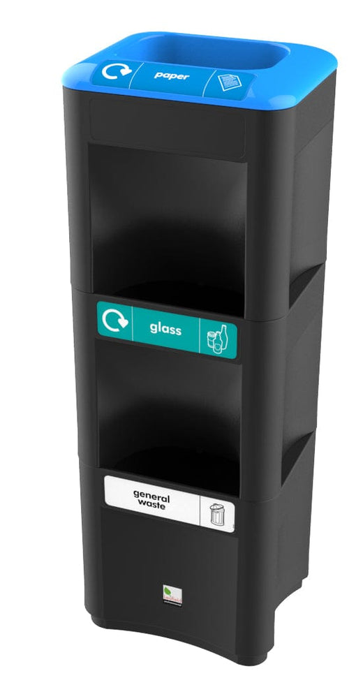 A stacked three-compartment trash bin with recycling stickers and a black body, topped with a blue lid.