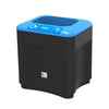 Single black bodied compartment trash bin with a blue lid.