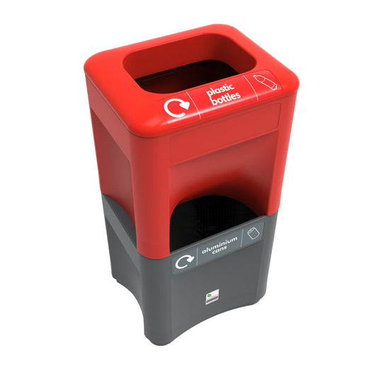 Two-tier stacked trash bin in red and grey with recycling labels.