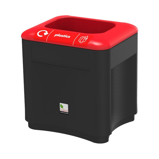 Standalone black bin featuring a recycling label and a red lid.