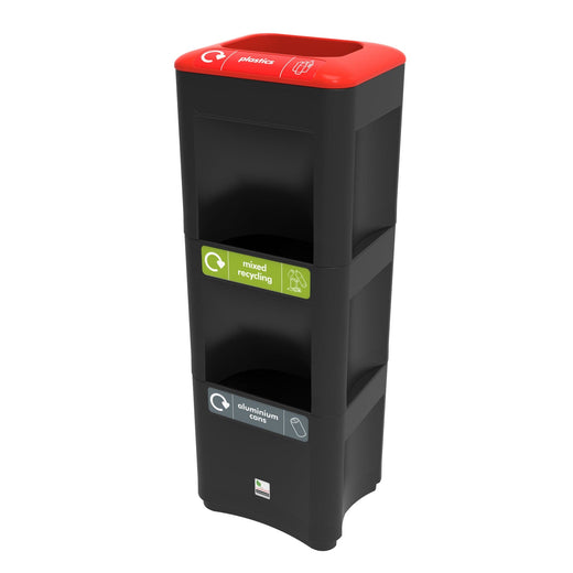3-tier black trash bin with recycling stickers, the top compartment featuring a red lid.