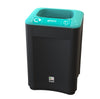 Square open top recycling bin with black base and aqua lid for glass