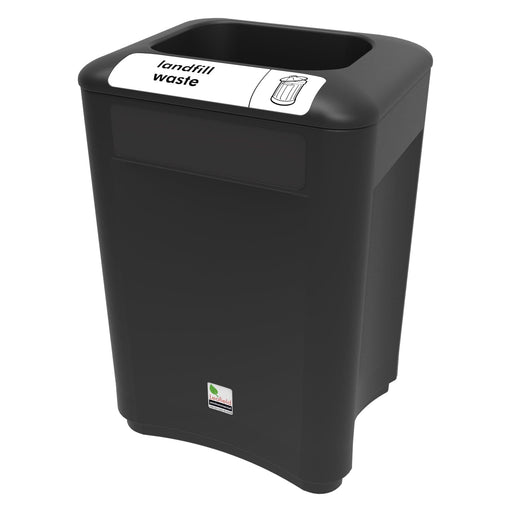 52 Litre recycling bin with black base and black lid containing landfill waste label in white