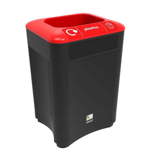 Red plastic recycling bin with black base and red waste stream label