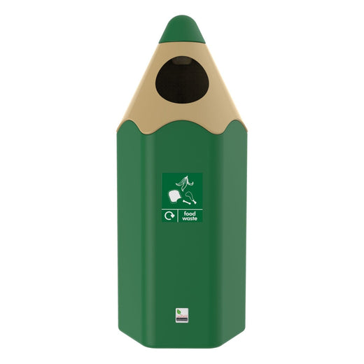  Green pencil-like litter bin with a round slot for waste insertion.