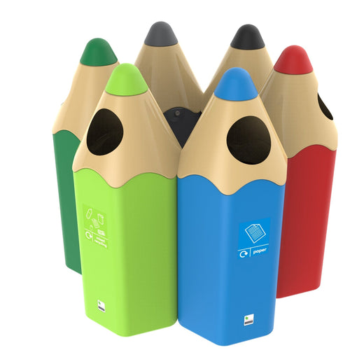 Six closely-positioned, pencil-shaped litter bins in colors of blue, red, black, grey, dark green, and light green. Each has round apertures.