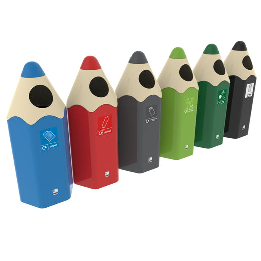 6 freestanding pencil shaped trash cans with round receptables in blue, red, grey, light green, dark green and black.