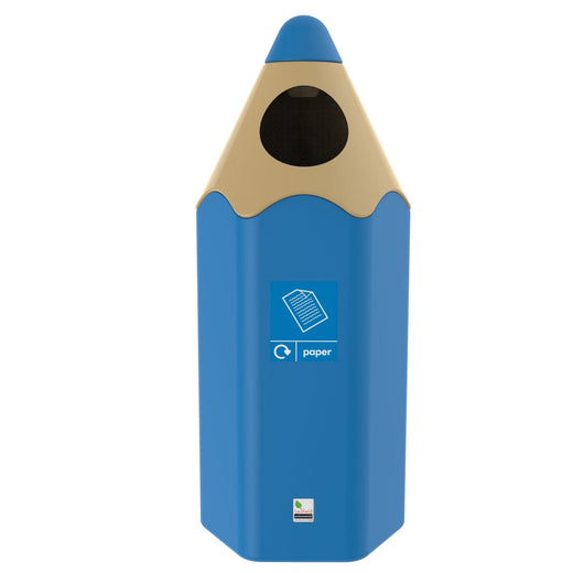 A single, upright waste bin with a blue , pencil-like design has a round opening.