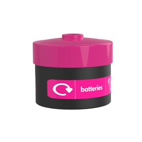Small battery bin with pink lid and label