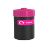 Small battery recycling bin with pink lid and sticker