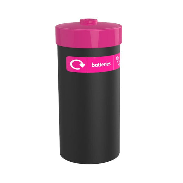 Medium battery recycling bin with pink lid and label