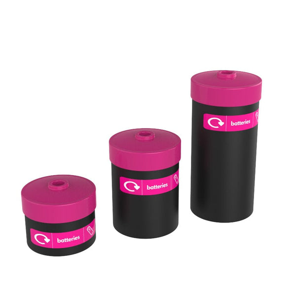 Set of 3 battery bins picture with a small, medium and large. All have a black base and pink lid and battery sticker