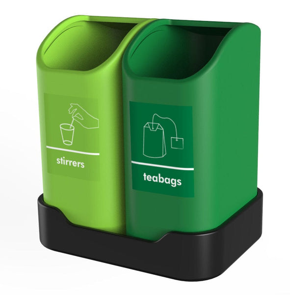 Five litre capacity desktop tiny recycling bin with one side suitable for stirrers and the other suitable for teabags.