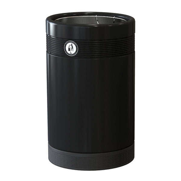 External black circular litter bin with tidyman logo to the front.  Large open aperture
