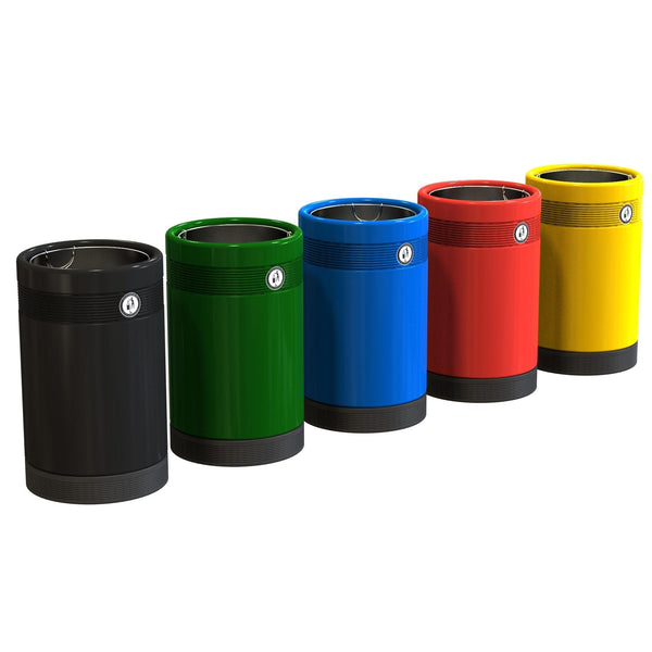 Group shot showing black, green, blue, red and yellow open top litter bins