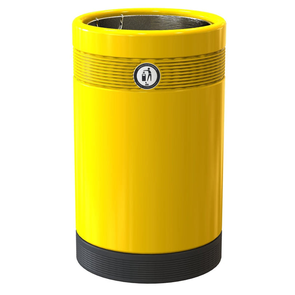 Yellow external litter bin with large open top and tidyman logo to the front
