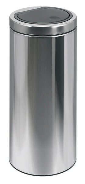 Brabantia flat top waste bin in a mirror stainless steel with a push top lid