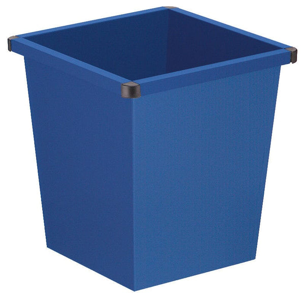 Blue waste paper bin, open top for waste disposal with protective rim and corner protecting bumpers 