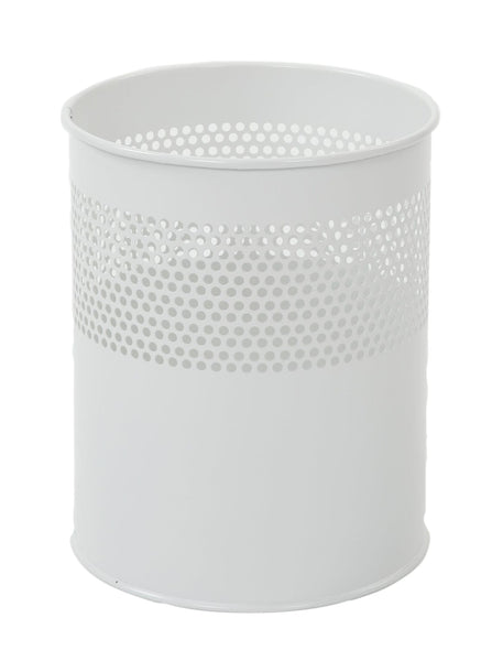 Round metal waste paper bin, powder coated in white with perforations half way