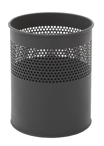 Grey metal waste paper basket with open aperture and semi perforated design