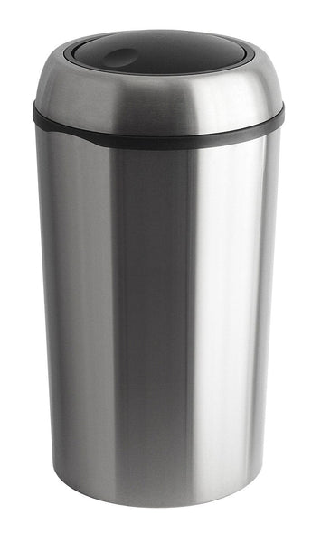 75 Litre brushed steel waste paper bin with swing lid in the closed position