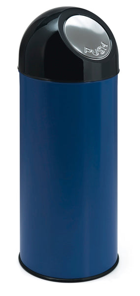 55 Litre powder coated steel push flap litter bin in blue.  Black lid with stainless steel push flap