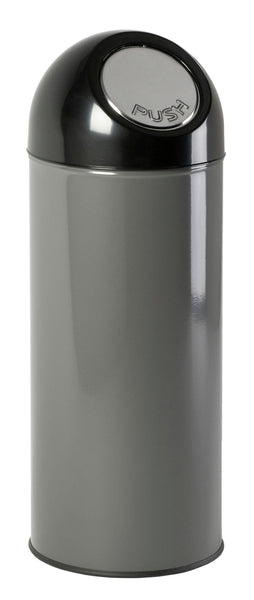 Circular domed top litter bin in grey with black lid and stianless steel push flap