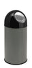 Metallic grey 40 litre capacity litter bin with protective rim and black lid containing a stainless steel push flap mechanism