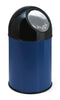 Blue body with black lid, circular litter bin with stainless steel push flap 