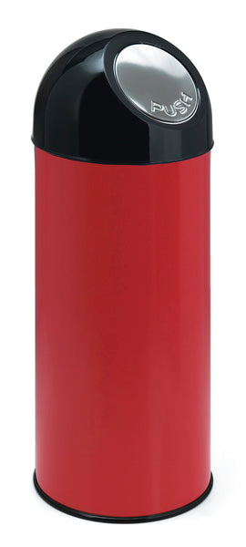 Freestanding circular powder coated steel litter bin with black lid and red body