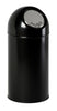 All black circular litter bin with a 40 litre capacity, complete with stainless steel push flap with the wording PUSH on 