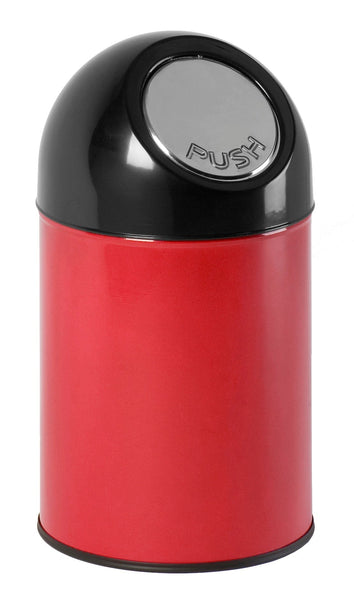 Freestanding circular litter bin, red body and black domed lid with stainless steel push flap