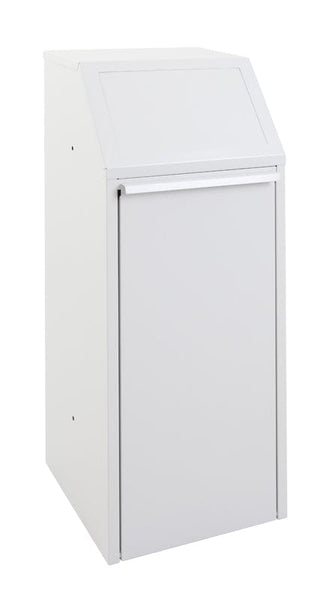 White push flap litter bin with front opening access panel to allow access for waste removal