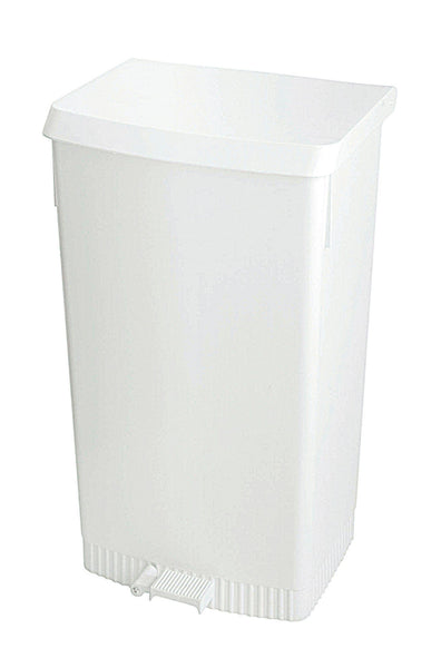 Rectangular pedal bin in white, 60 litre capacity with lid closed and integrated food pedal to the base